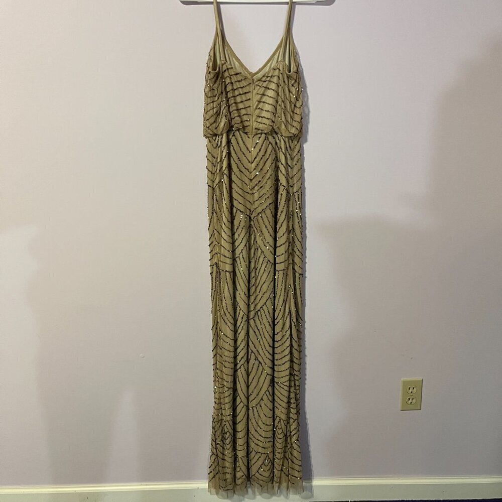 Adrianna Papell Nude Sequence Spaghetti Strap Maxi Formal Dress | Size 4 - Picture 6 of 7